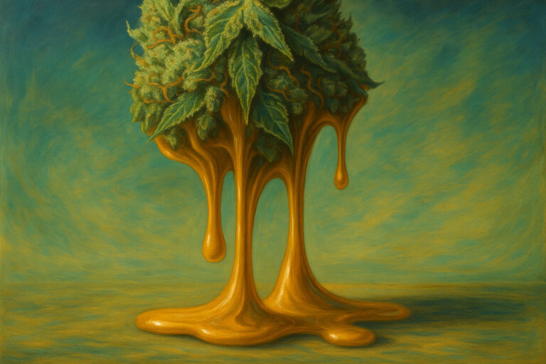 Surreal oil painting of cannabis morphing into golden rosin, melting onto a wooden table in the style of Salvador Dalí