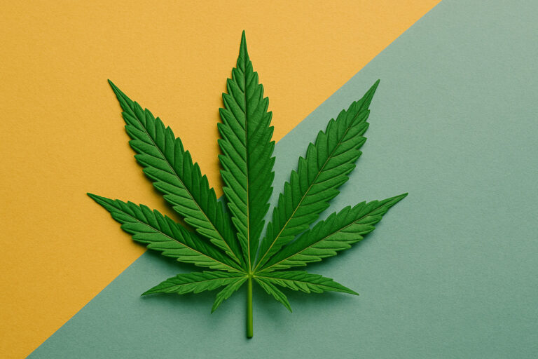 Photorealistic cannabis leaf on diagonally split background symbolizing the difference between Indica and Sativa strains