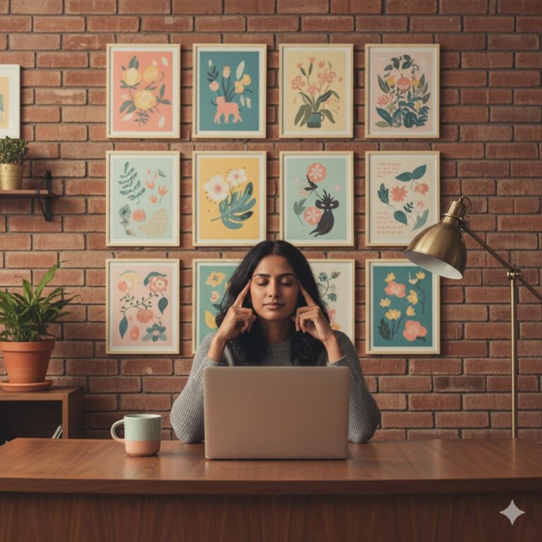 A woman working at a computer massaging a cannabis balm into their temples.