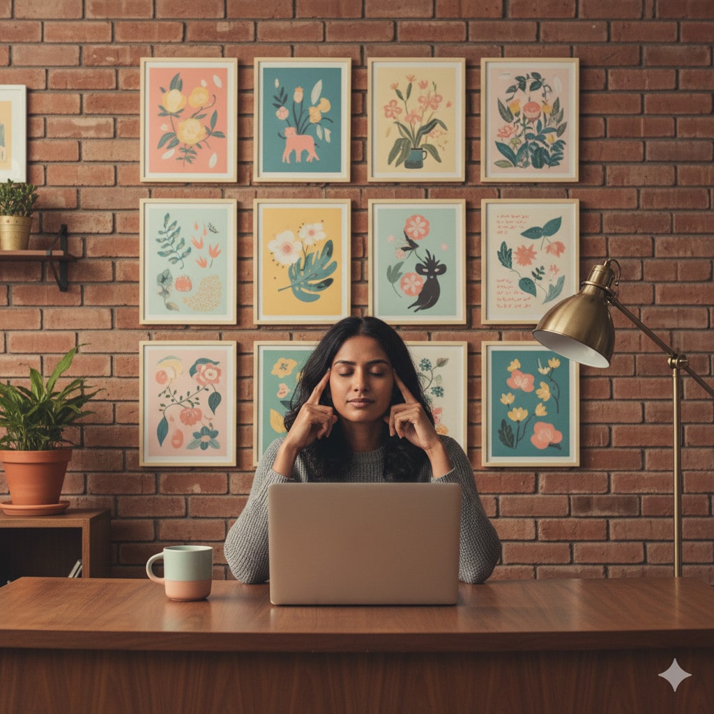 A woman working at a computer massaging a cannabis balm into their temples.