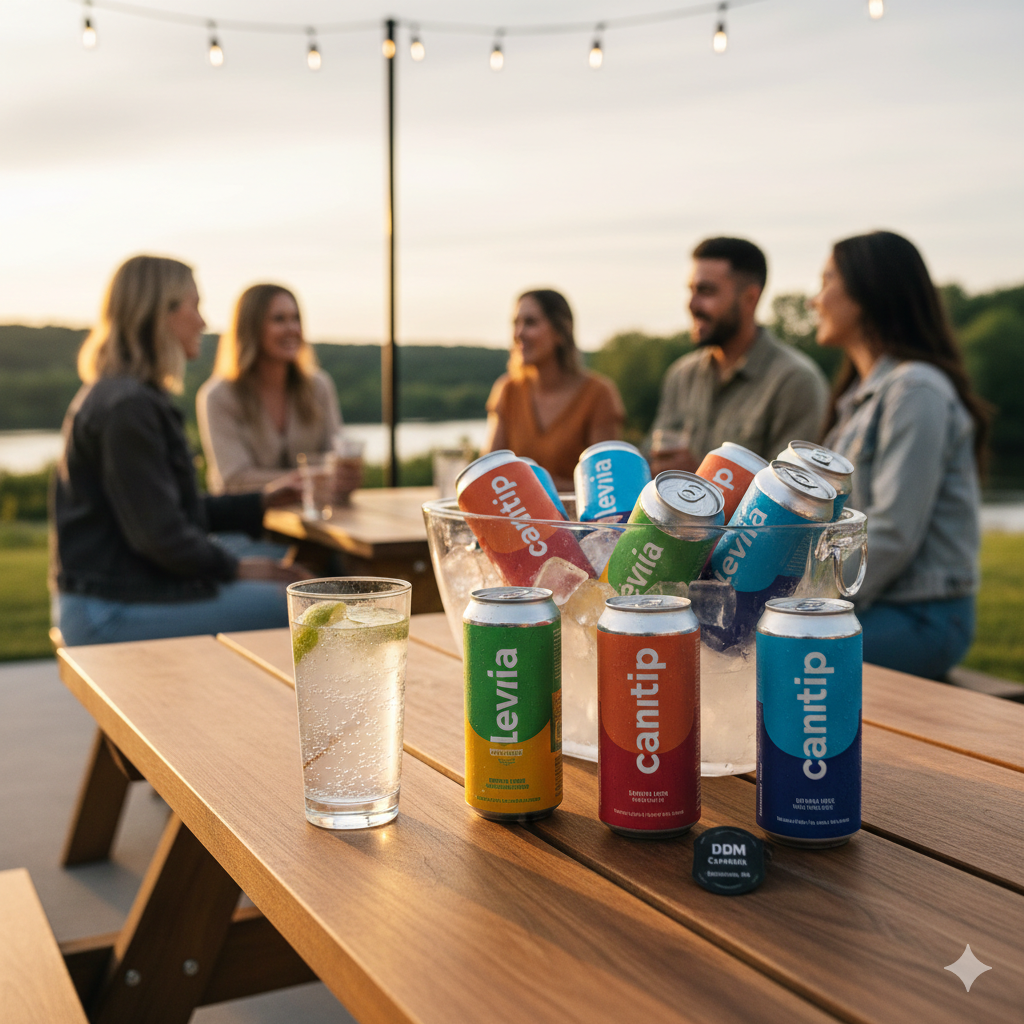 A group of friends enjoying cannabis-infused beverages in cans at an outdoor table during sunset, with a chilled bucket of THC seltzers in the foreground.