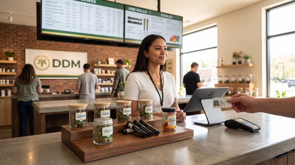 This warm, natural-light photograph captures the premium retail experience at our Blackstone, MA dispensary. The image focuses on a customer’s hand presenting a Massachusetts ID at the polished sales counter—a key point for out-of-state visitors.