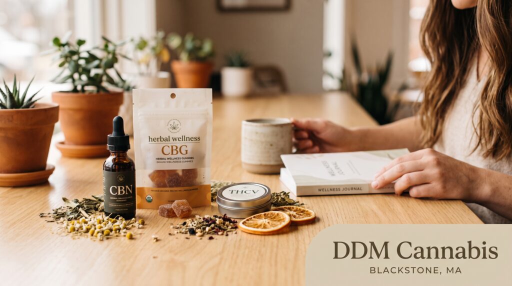 Premium wellness cannabis products including CBN sleep tincture, CBG energy gummies, and THCV focus packaging on a wooden table at DDM Cannabis in Blackstone, MA.